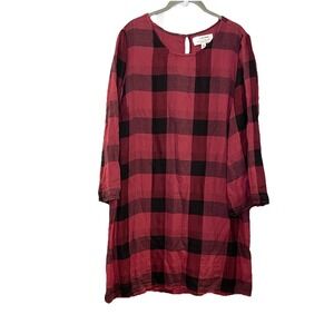 Anthropologie Cloth & Stone Tunic Shift Dress Red Black Buffalo Plaid Bell Sleev